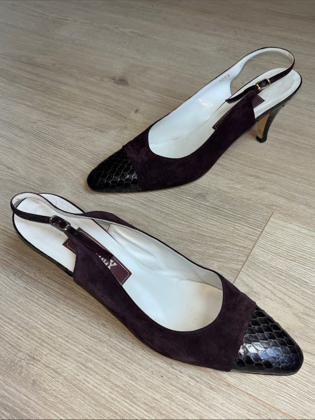 Vtg Bally Plum Suede Slingback Pumps With Snakeskin Toe